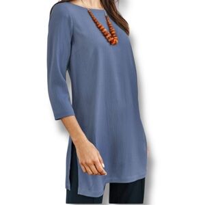 J Jill Blue Lapis Ribbed Wearever Tunic Top Long Sleeve High Side Vents XL NWT